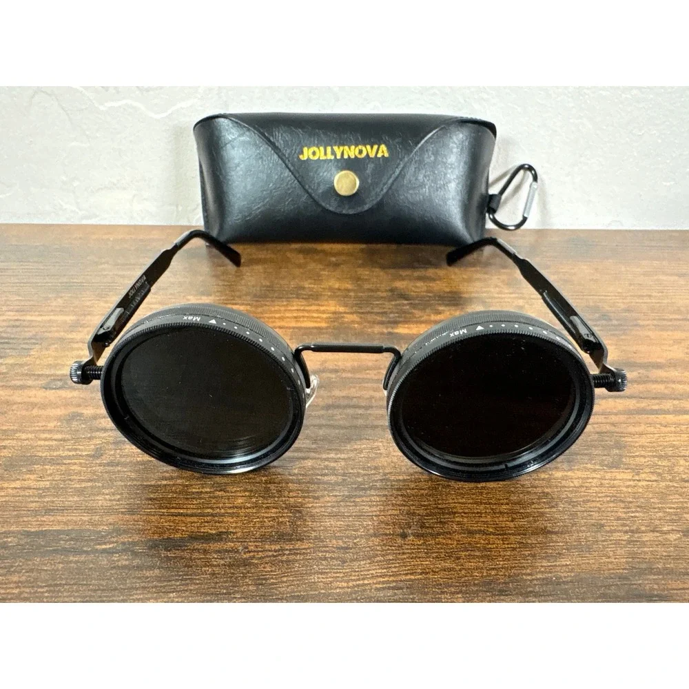 Jollynova Steampunk Round Sunglasses Matte Black Variable Density Lens Spring